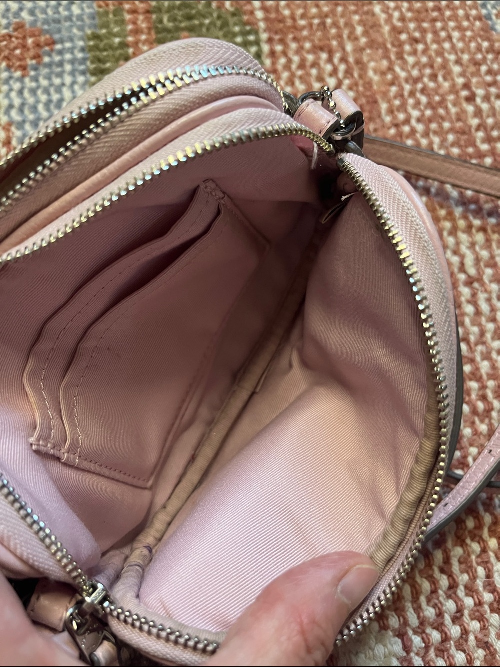 Coach Turnlock Bow Leather Crossbody Pouch Bag Pink Pebble Leather Double Zip - Picture 10 of 13